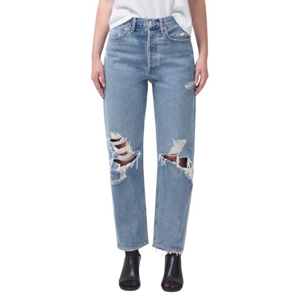 Agolde 90’s High Rise Loose Fit Medium Wash Distressed Jeans in Fallout Size 28 - Picture 1 of 13